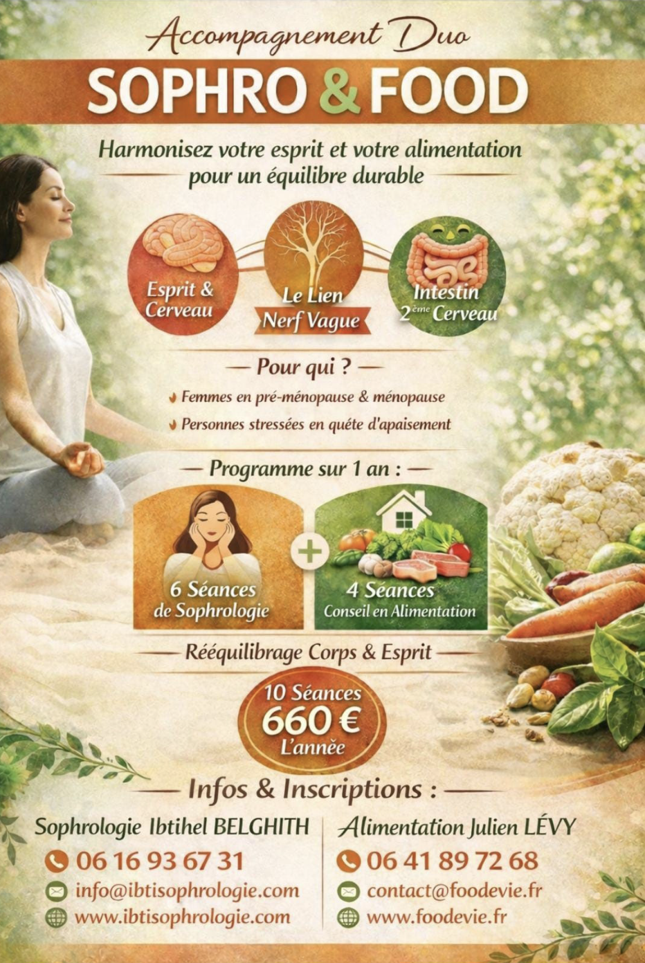 Affiche Accompagnement Duo Sophro & Food : partenariat iBtiSophrologie et Foodevie, programme sur 1 an, 660€